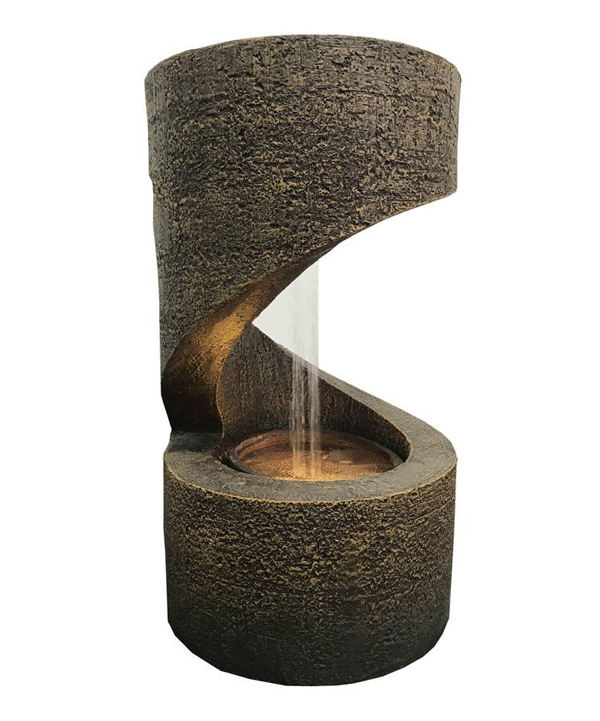 A fountain facing back has water falling and LED light on.